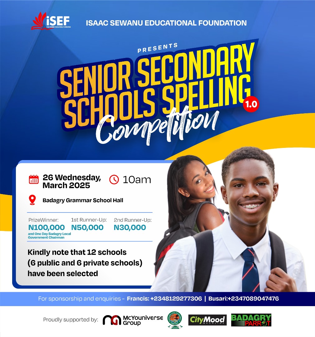 isef2020's tweet photo. "Get ready for an exciting battle of words! Tomorrow, ISEF will host 12 senior secondary schools in Badagry, Lagos state, for an intense spelling competition. Who will emerge champion? 

@lasgeducation @Oreoluwa_Finnih @hc_education @AUCEducation @GEMReport https://t.co/vPFLDFRhfn