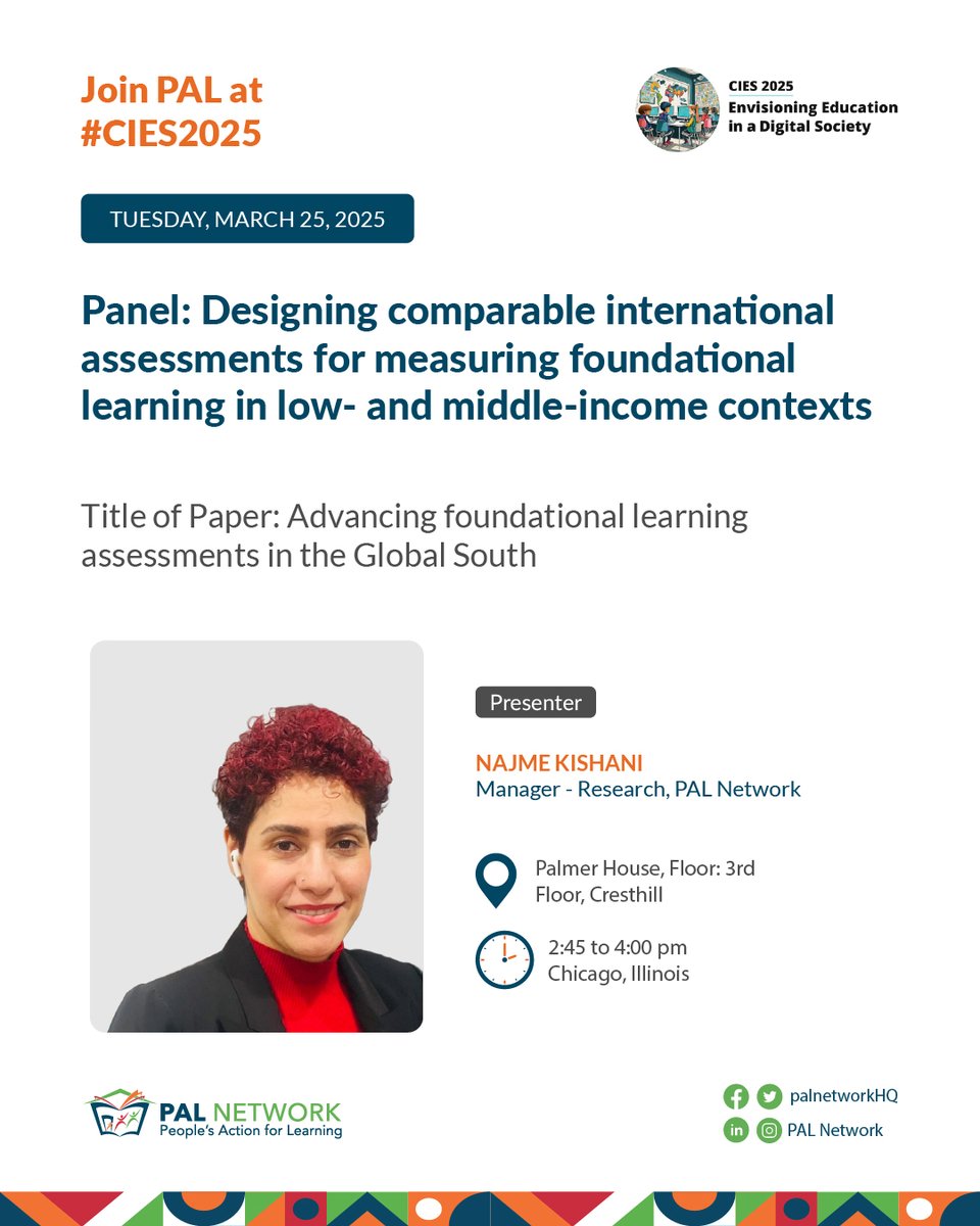 palnetworkHQ's tweet photo. Strengthening Educational Interventions & Assessments

Join us today, March 25th, as we unpack the core components of effective education programs and explore foundational learning assessments in low- and middle-income contexts at #CIES2025!

Highlighted Session: Designing international assessments for foundational learning | https://t.co/4euhvxQR8h

#EducationResearch #ImplementationScience #DataForFoundationalLearning #EducationForAll
