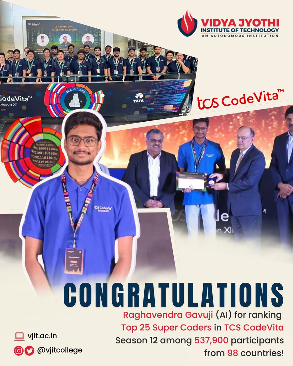 VJITcollege's tweet image. Super proud moment for VJIT!
Our 4th-year AI student Raghavendra Gavuji has secured a Top 25 spot globally in TCS CodeVita Season 12 out of 537,900 participants.
#SuperCoder #TCSCodeVita #VJIT