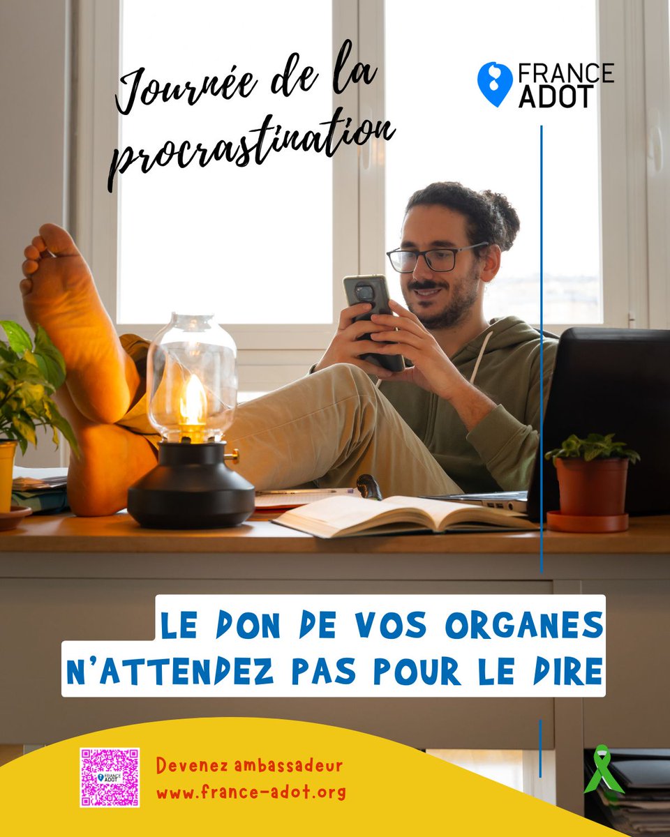 🎉🍕 C'est la Journée de la Procrastination !
Parlons de quelque chose qu'on ne devrait pas remettre à demain : le don d'organes. Prenez une pause dans votre procrastination et parlez à vos proches de votre volonté de donner vos organes.
france-adot.org