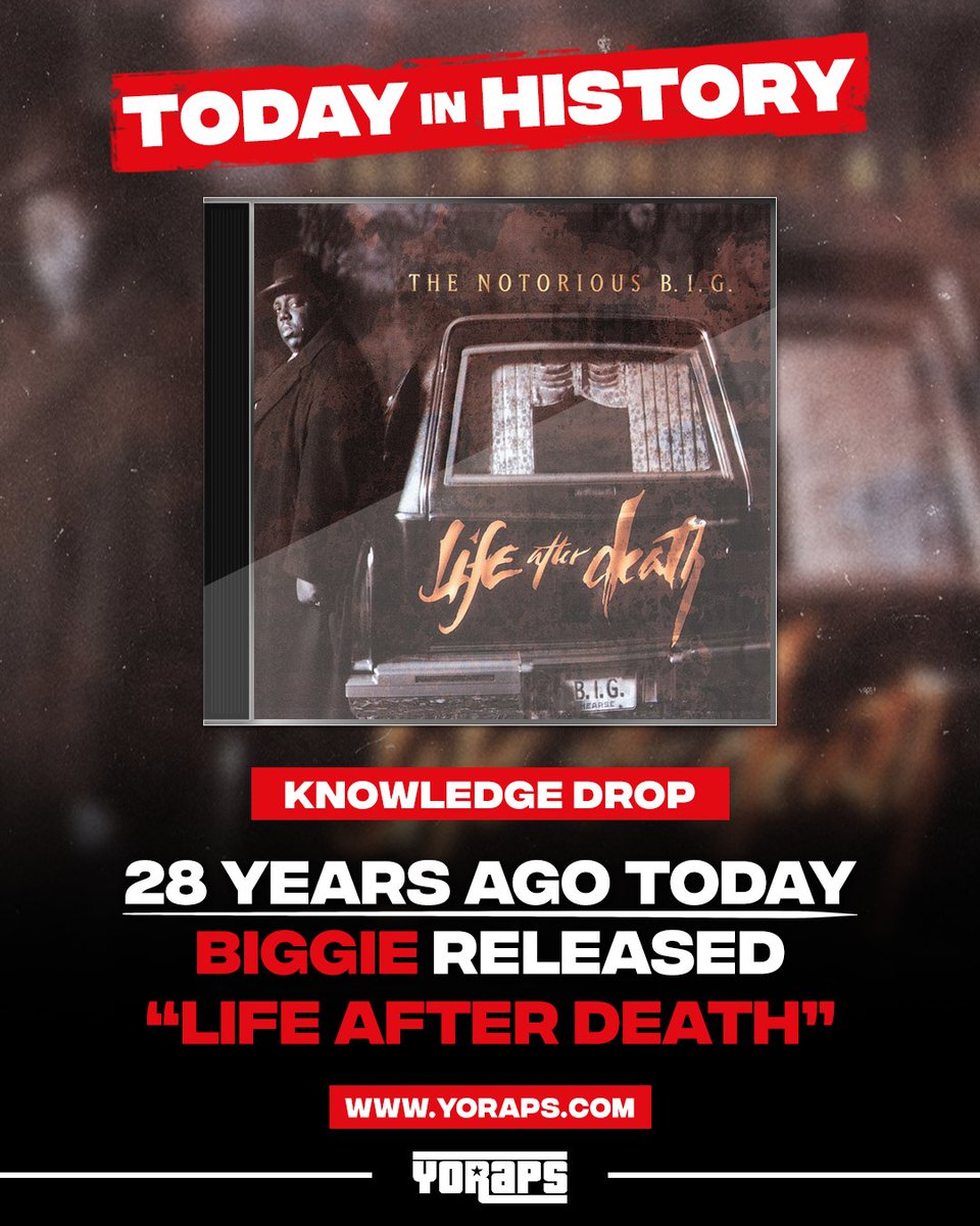 YoRapsMagazine's tweet image. 🔥 #HipHopHistory: 28 years ago today, #TheNotoriousBIG released his  final studio album, "Life After Death," on March 25, 1997.

The project features collabos with #JayZ, #LilKim, #Mase, #TooShort, #RKelly, #TheLOX, and #Diddy. 

LISTEN: yoraps.com/the-notorious-…

Classic ⁉️