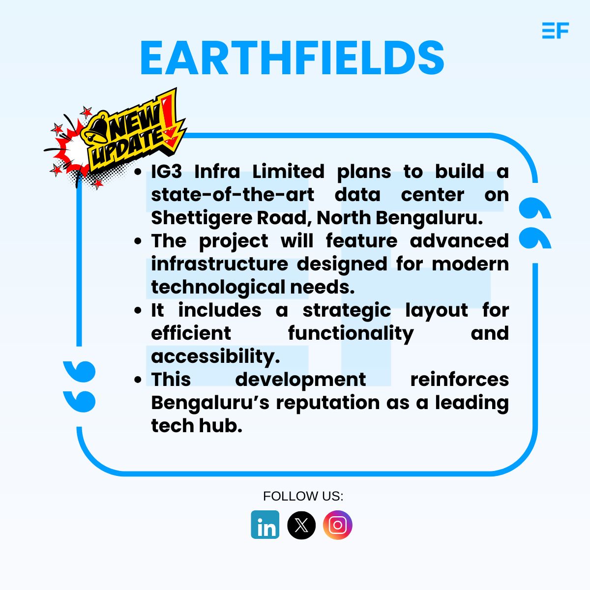 EarthFields__'s tweet photo. IG3 Infra Limited's latest move: Building Bengaluru's future with a cutting-edge data center on Shettigere Road! π
#Trending #viral #Bengaluru #ig3infra #earthfields https://t.co/LLAX3PGmt8