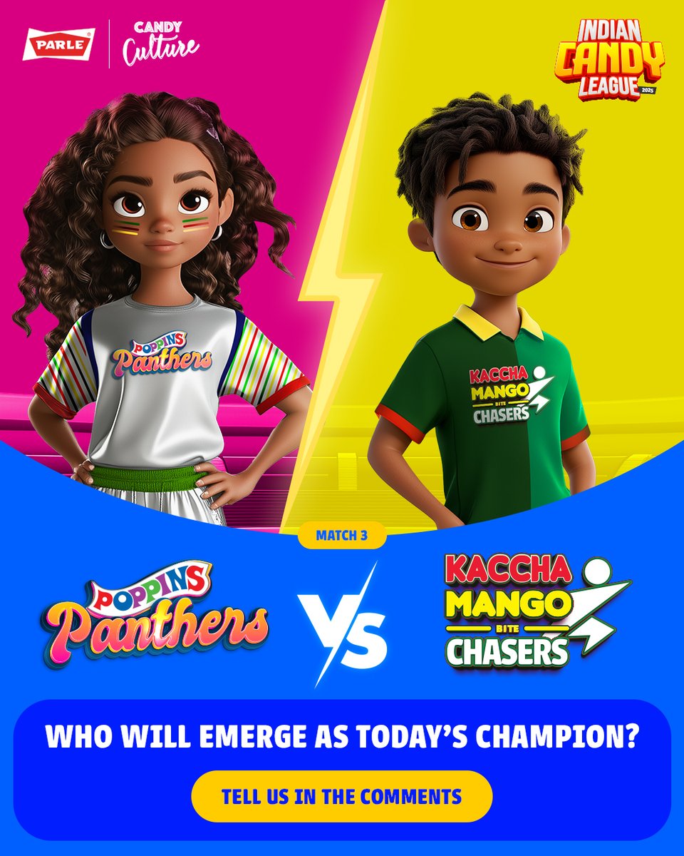 ParleCandy's tweet image. The action continues and the excitement keeps building as we kick-off day 3 of Indian Candy League. 

Guess the leading team daily and stand a chance to win big.

#ParleCandy #Candy #Poppins #KacchaMangoBite #IndianCandyLeague2025 #IndianCandyLeague #ContestAlert #Contest