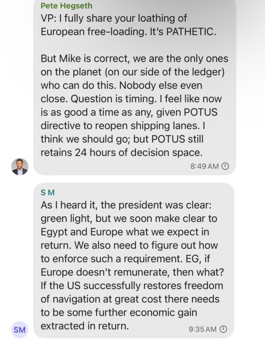 JD Vance: ‘if you think we should do it let’s go. I just hate bailing Europe out again”

Hegseth: “VP: I fully share your loathing of European free-loading. It’s PATHETIC."

Another wake up call for a real European Defence..when will EU leaders act?