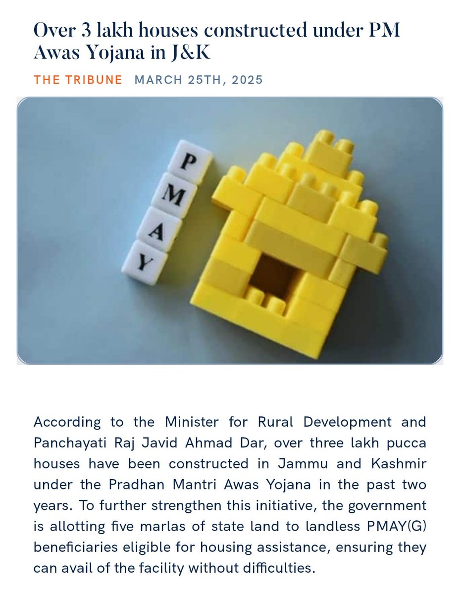Over 3 lakh houses constructed under PM Awas Yojana in J&amp;K
tribuneindia.com/news/j-k/over-… 

via NaMo App