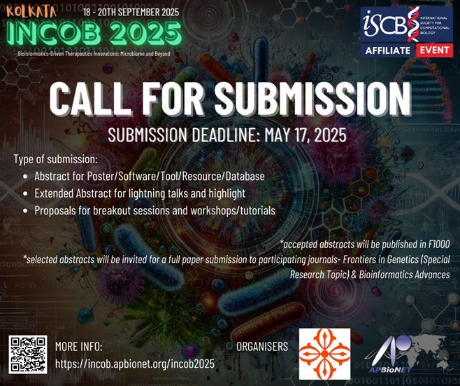 International Conference on Bioinformatics (InCoB 2025): Call for Participations
- Deadline for submissions: May 17, 2025
- More: incob.apbionet.org/incob2025
