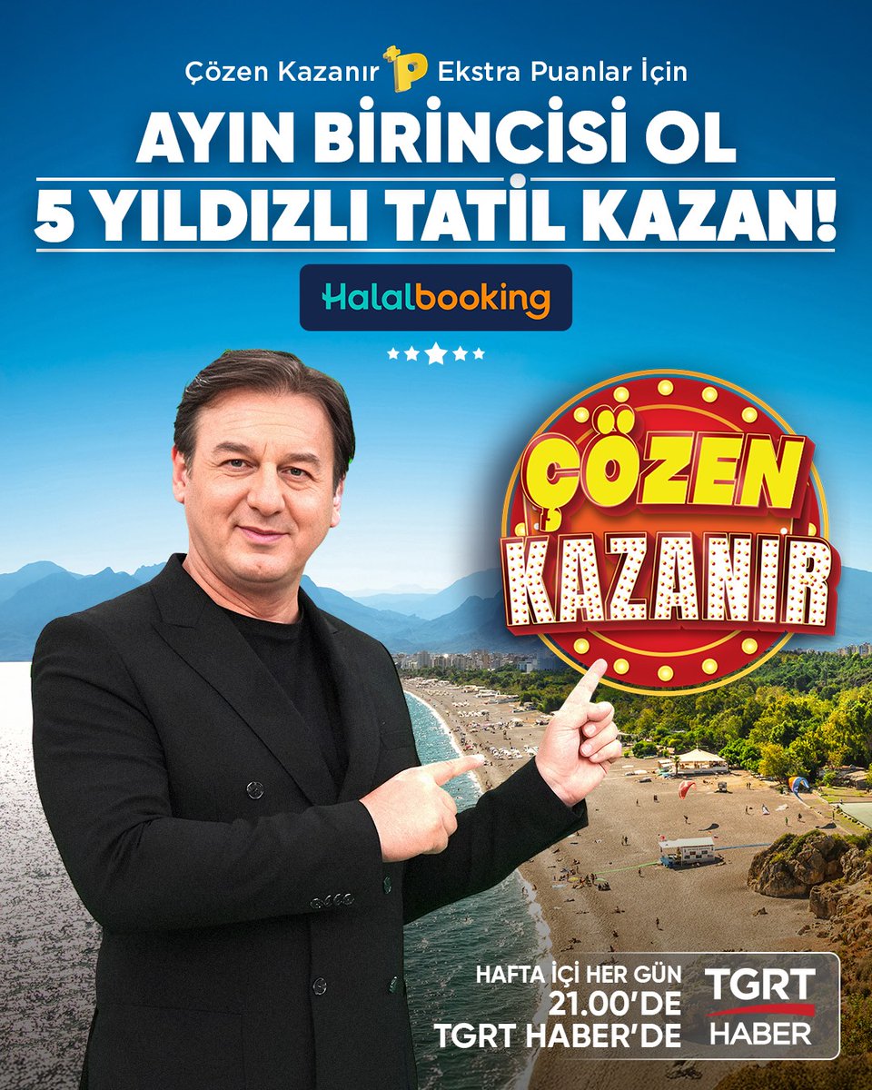 Çözen Kazanır’da Yeni Dönem, Yeni Fırsatlar!

Artık sadece ilk 3'e girenler değil, her ayın birincisi de büyük bir ödül kazanacak!

Bu ayki ödülümüz Halalbooking.com’dan Antalya’daki 5 yıldızlı otelde her şey dahil 2 kişilik 3 gün tatil!

#işbirliği @halalbooking