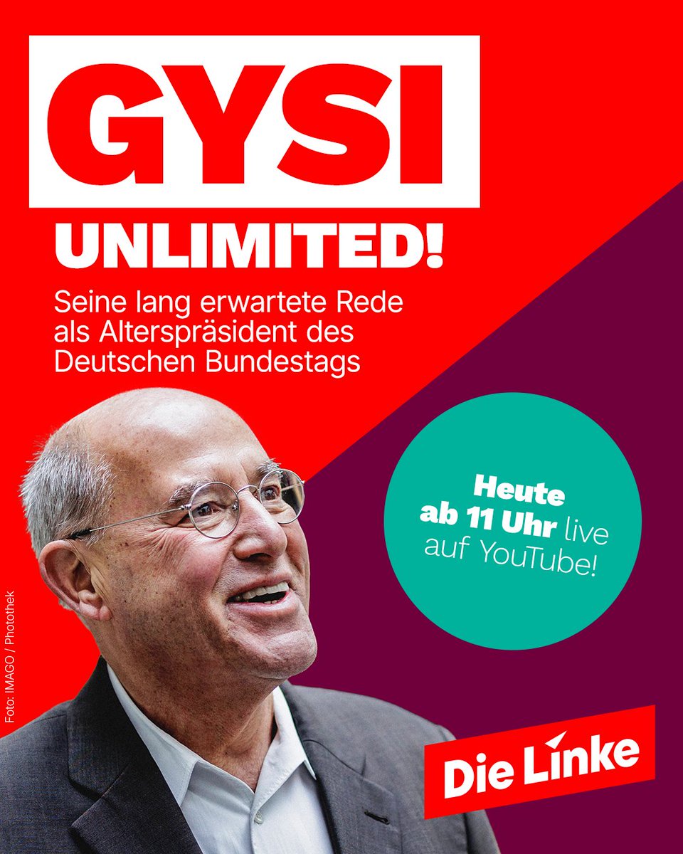 Mit seiner lang erwarteten Rede eröffnet <a href="/GregorGysi/">Gregor Gysi</a> als Alterspräsident den 21. Bundestag - und das ohne jede Redezeitbegrenzung! Nicht verpassen! Live ab 11 Uhr: youtube.com/live/29UoRmqE2…