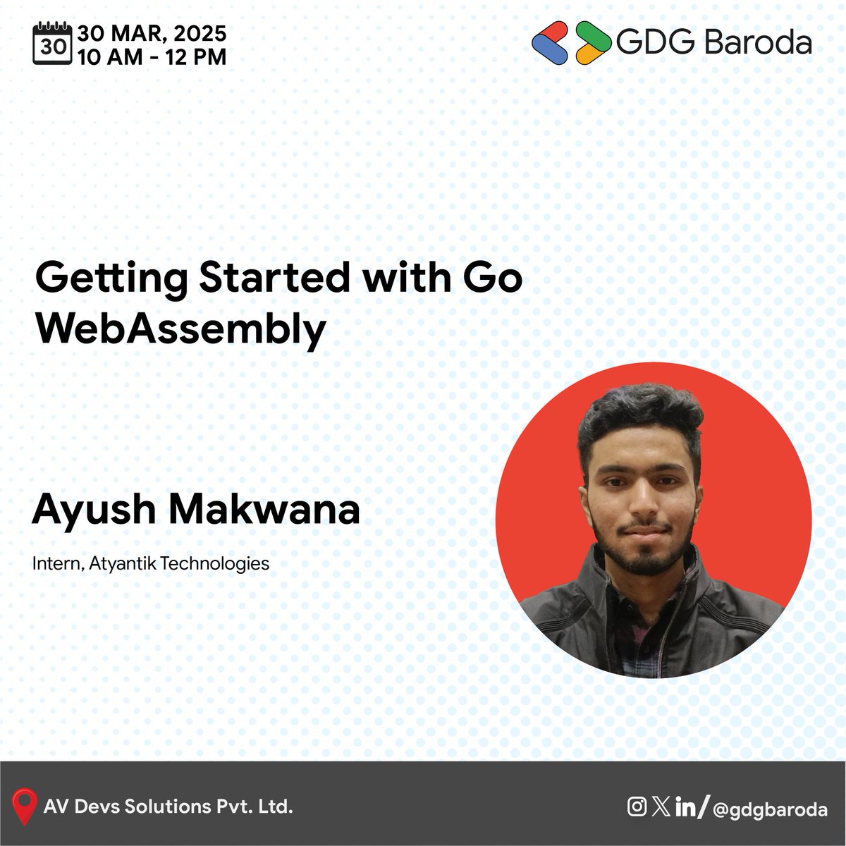 GDGBaroda's tweet image. 🚀 Go WebAssembly: Redefining Web Performance!
@ayushmakwana007  tech talk: Explore how Go transforms browser capabilities.
🗓️ 30 March 2025 
⏰ 10 AM - 12 PM 
📍 AV Devs Solution Pvt. Ltd. 
🎟️ Free Entry 
🔗 Register: bit.ly/4hFj8ON
#WebAssembly #Golang #TechTalk