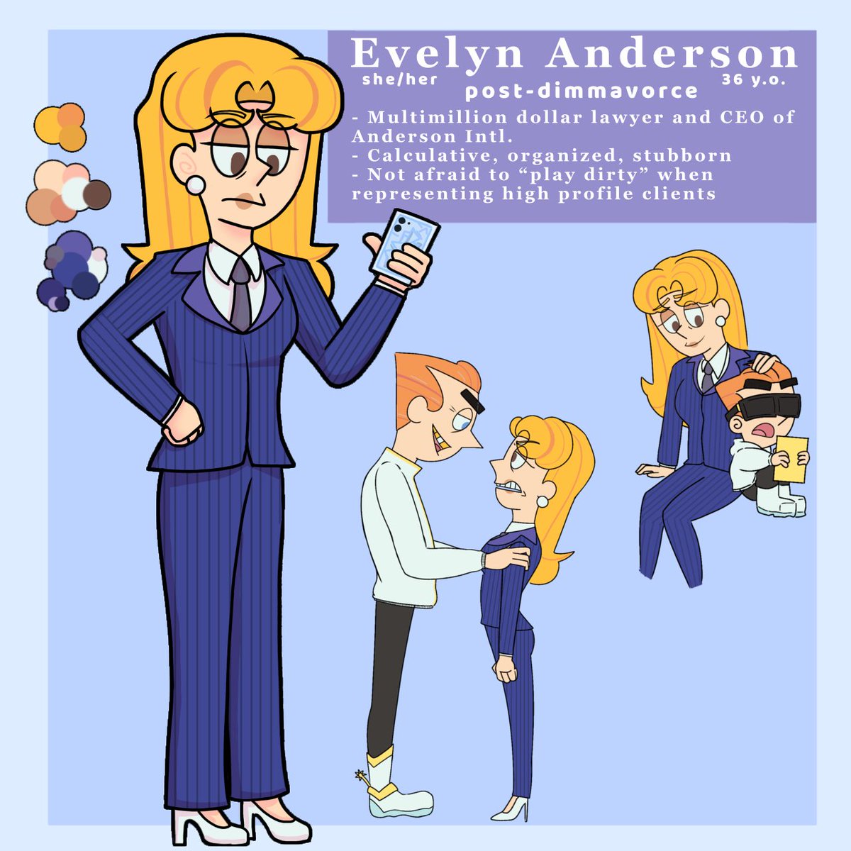 fanimplaytion's tweet image. Hey hey!
Here's my FOP:ANW OC, Evelyn Anderson. She's a multimillion-dollar lawyer and CEO of her law firm, Anderson Intl.
She also happens to be Dale Dimmadome's ex-wife and Dev's mother!
💛💼🧡💸🤍🕶
#FairlyOddParentsANewWish #FairlyOddParents (#LegalBusiness) (#ocxcanon)
