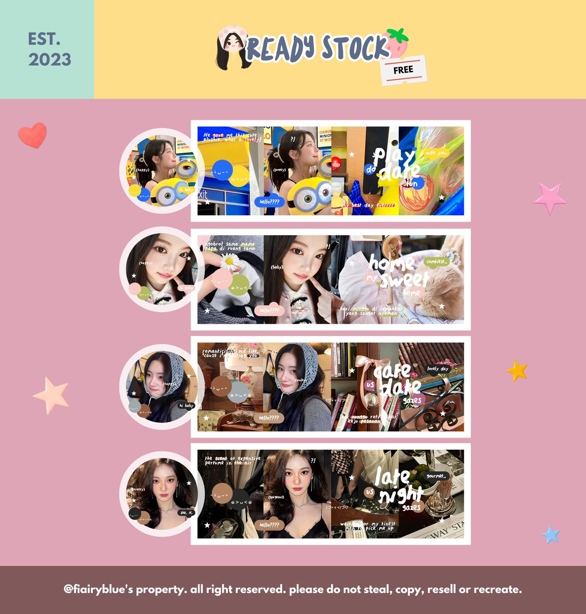 fiairyblue's tweet image. help repost? thank you ♡

special to celebrate jeje's birthday (@ciufm) 🎊🥳🎂 hari ini ada 4 FREE RS LAYOUT BUBBLES yg bisa kalian bawa pulang! 🤩💗

⏰: 20:45 WIB
💌: DM @pinkfiairy

kindly check the next tweet for details! 🍀 #zonauang #zonaba