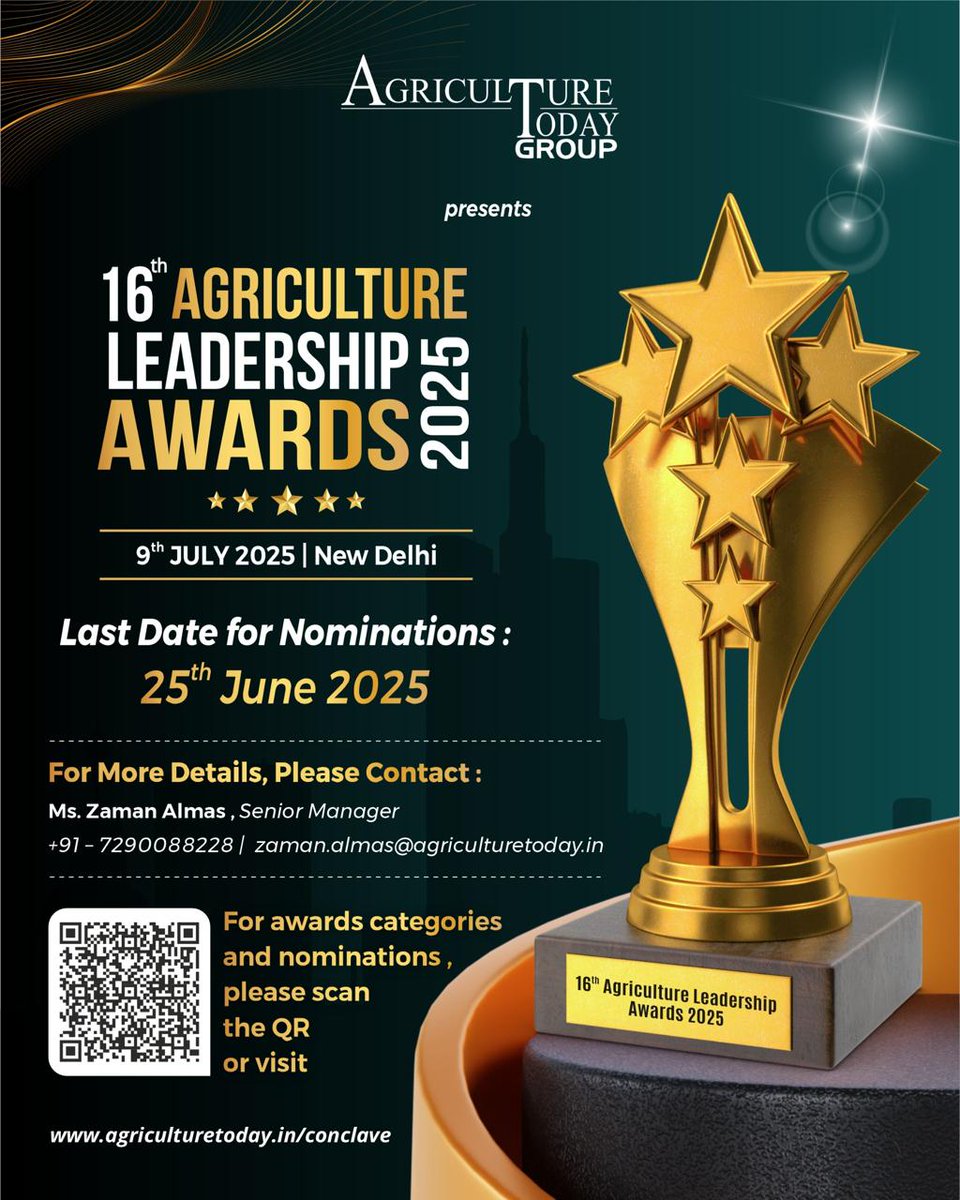 agri_today's tweet image. 🚜 Nominations Open! 🏆

The 16th Agriculture Leadership Awards 2025 is here! 🎉 Honoring agri-visionaries on 9th July 2025, New Delhi.

📅 Nominate by 25th June 2025: agriculturetoday.in/conclave

#AgriLeadership #AgricultureAwards #FarmingForFuture #AgriInnovation