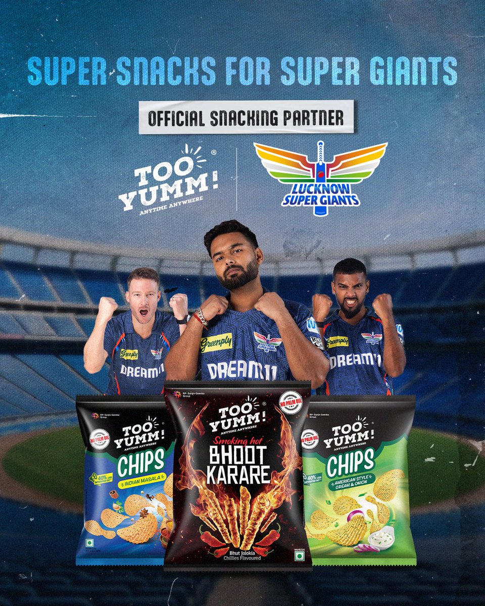 LucknowIPL's tweet photo. Masala fuel for the team! We're proud to announce Too Yumm! as the Official Snacking Partner of Lucknow Super Giants!
#TooYumm #TooNahiTohKuchNahi #OfficialSnackingPartner #Masaledaar #IPL2025 #LucknowSuperGiants https://t.co/CoPK6MOT3n