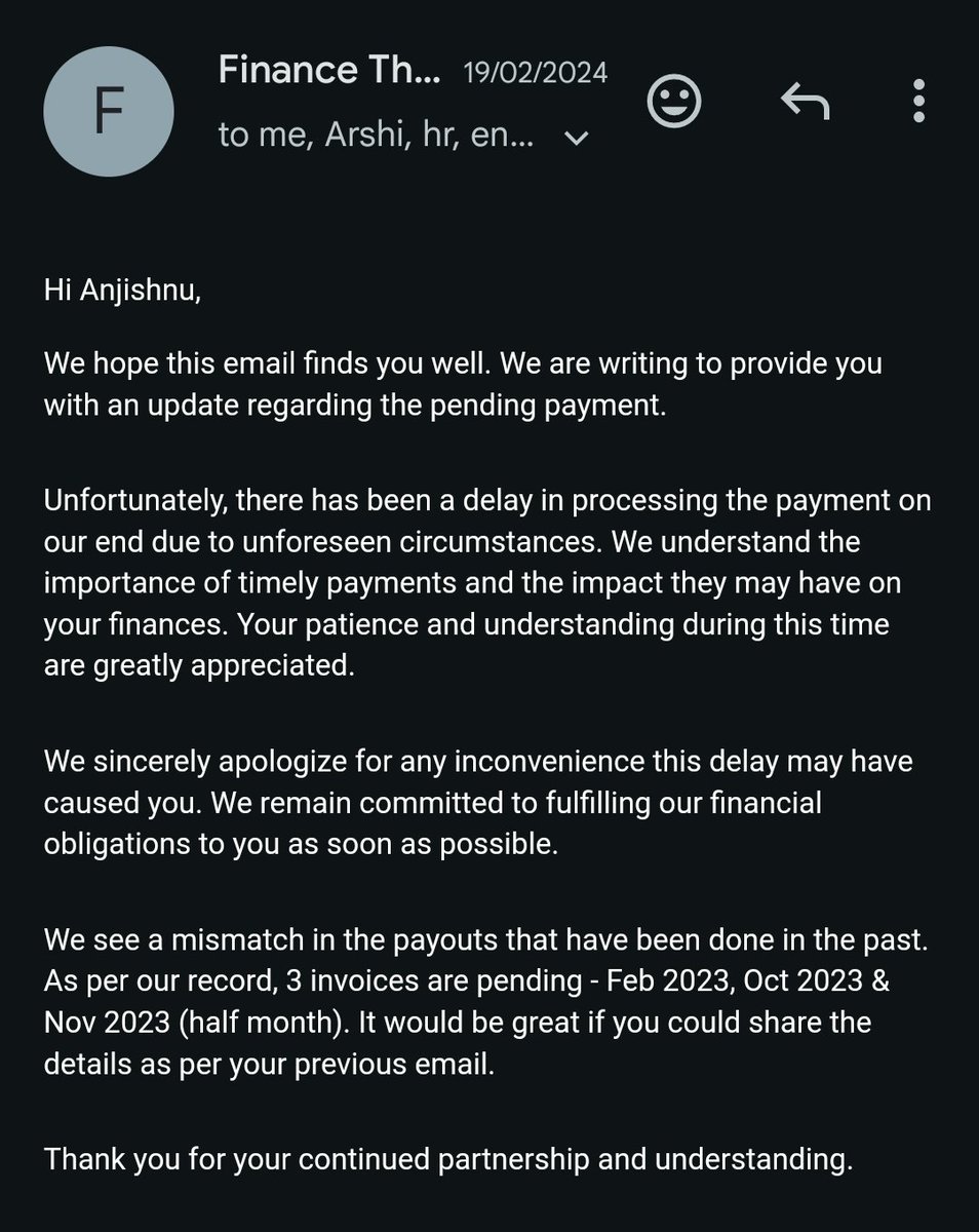 TheRoyNextDoor's tweet photo. There's a company that says it is trying to "bridge" the gap in Indian sports that won't pay its freelancers. Payment for multiple invoices dating back to November 2023 still pending and all I've been met with are ignored mails and texts or empty promises.

@the_bridge_in https://t.co/BLGAgqNnWz