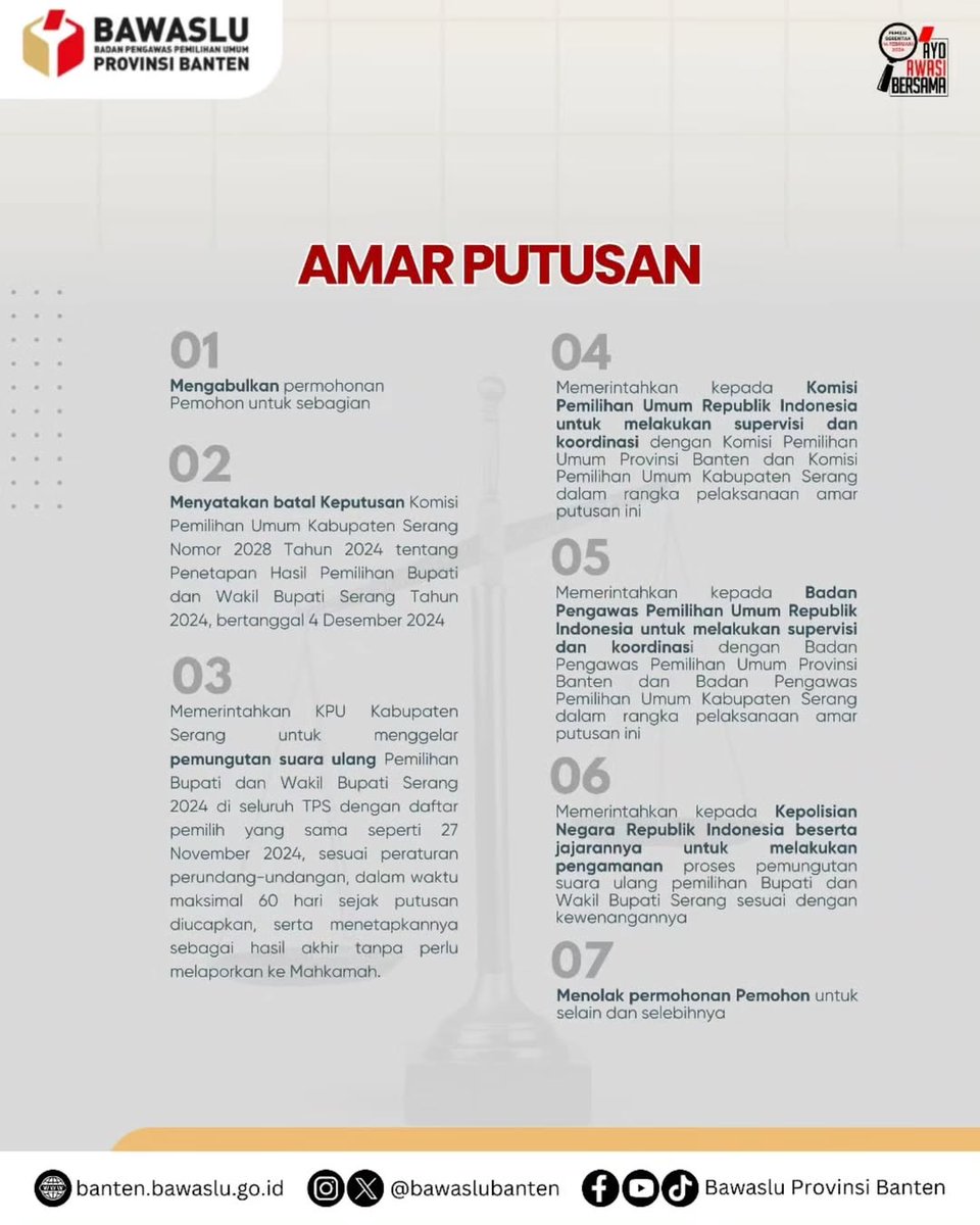 #SahabatBawaslu, Kabupaten Serang akan melaksanakan PSU Pemilihan Bupati dan Wakil Bupati tahun 2024 berdasarkan Putusan Mahkamah Konstitusi Nomor 70/PHPU.BUP-XIII/2025. Yuk, simak bunyi amar putusan tersebut pada postingan berikut ini!

#AyoAwasiBersama
#BawasluBanten