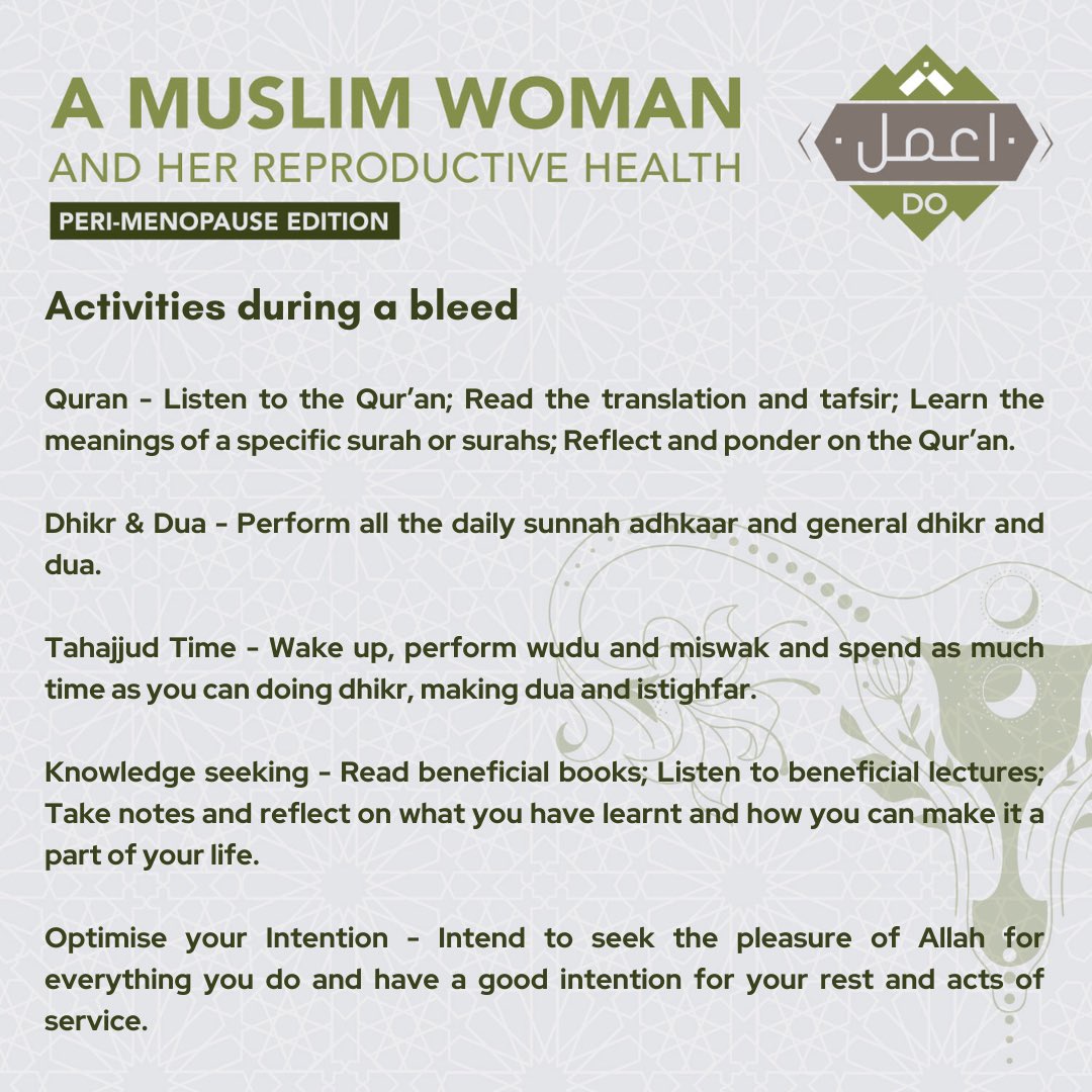 dolearningZA's tweet image. 24. Activities during a bleed

#DoLearning #RamadanSeries #MuslimWoman #perimenopause #Islam