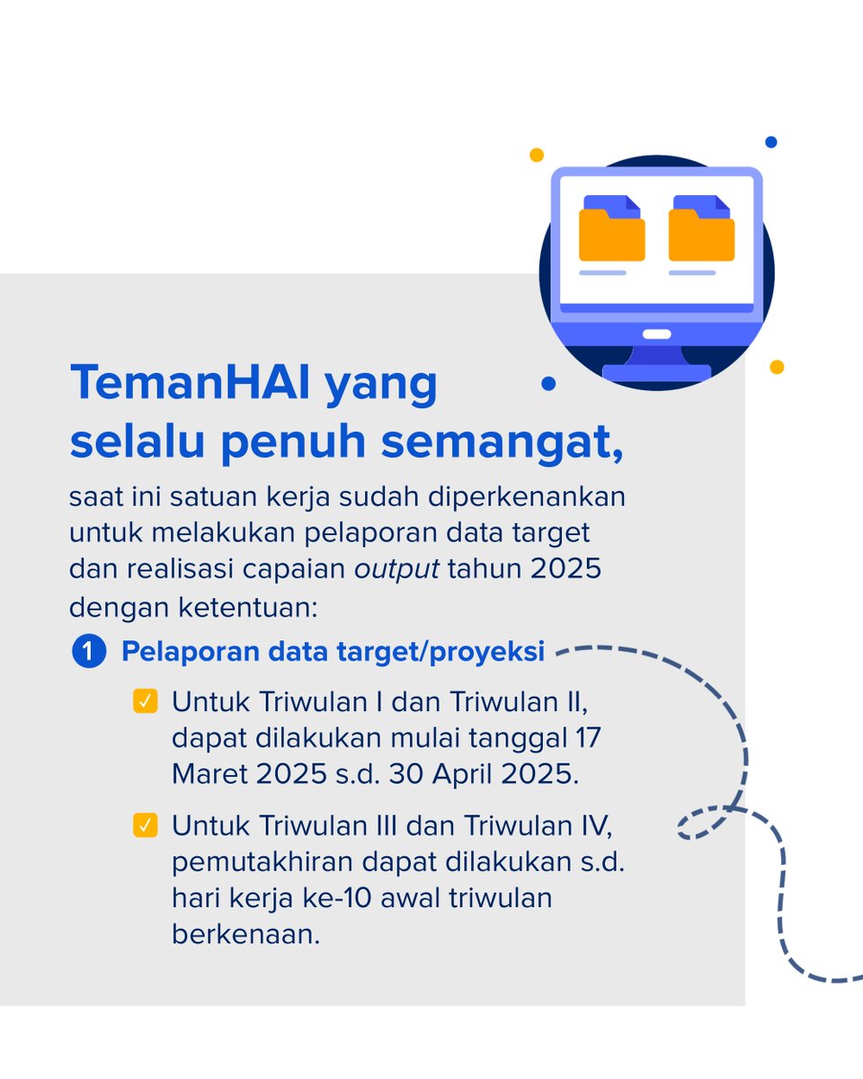 haiDJPb's tweet photo. 📢 Saatnya Lapor Data Capaian Output 2025! 📢

Halo, TemanHAI! ✨ Saat ini satuan kerja sudah dapat melaporkan data target dan realisasi capaian output tahun 2025 sesuai jadwal berikut, ya..

Akses tata cara pelaporan di sini: https://t.co/VosDLQVbE1 📝

#CapaianOutput https://t.co/XPzTI5SAc3