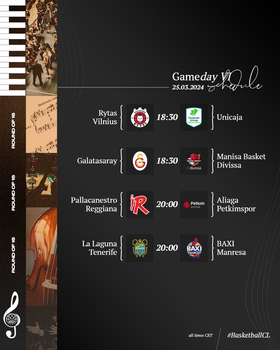 👀 Two more tickets on the line tonight, as Groups J and K enter their last Round of 16 Gameday. Who will grab the tickets: Rytas or Galatasaray, Reggiana or Manresa? Tune in! 🍿