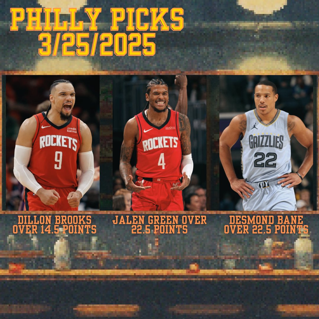 PHILLY PICKS🧀 FOR 3/25/2025

PLEASE SWEEP 🙏

DILLON BROOKS OVER 14.5 POINTS
JALEN GREEN OVER 22.5 POINTS
DESMOND BANE OVER 22.5 POINTS

LIKE IF YOU’RE TAILING 💛  

FOLLOW FOR FREE PROPS‼️  
#PrizePicks #GamblingX #SleeperPicks #Chalkboard #UnderdogFantasy #NBA