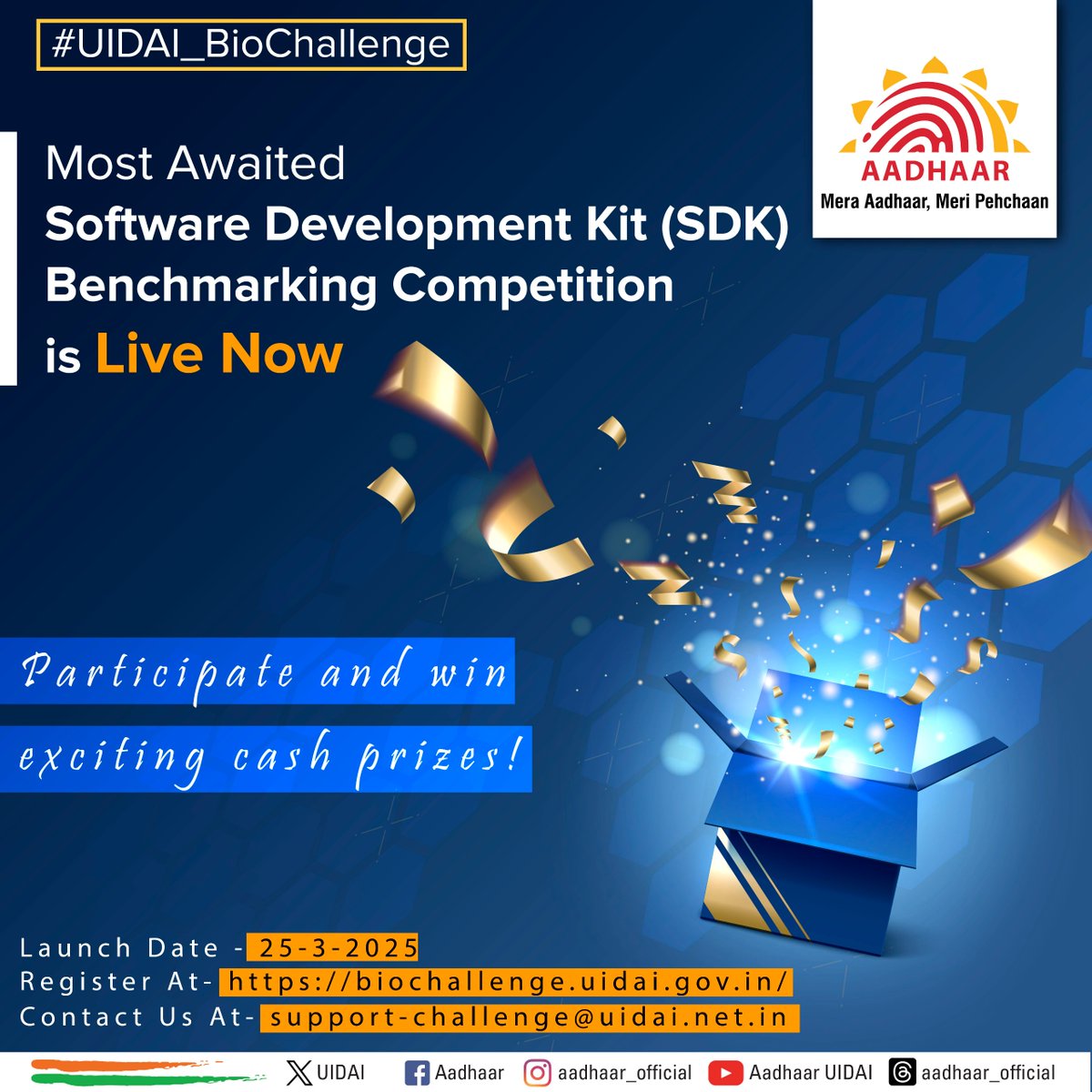 UIDAI's tweet image. 📢#UIDAI_BioChallenge #LiveNow 
The most awaited UIDAI’s Biometric SDK Benchmarking Competition is Live Now!

Showcase your skills &amp;amp; stand a chance to win exciting cash prizes!

#Aadhaar #BioChallenge #UIDAI