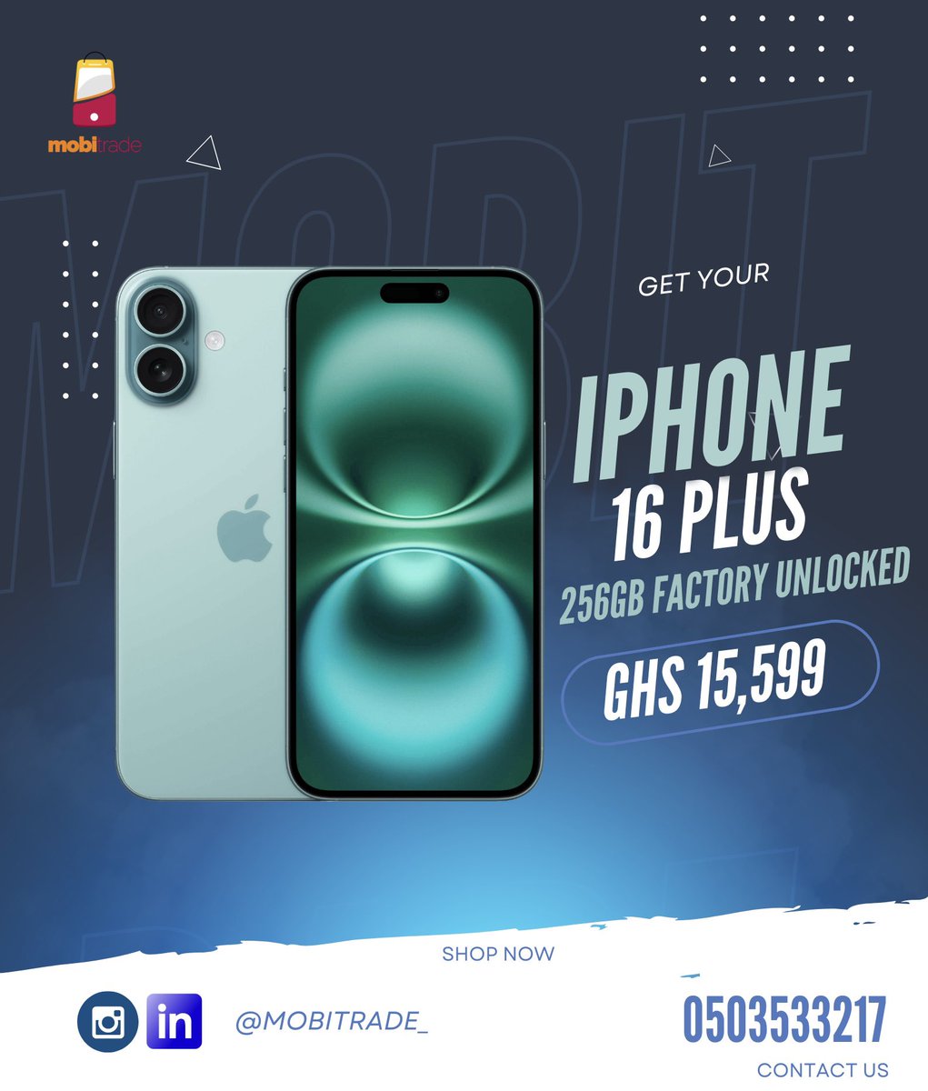 mobitrade_'s tweet photo. 🚀 Elevate Your Experience with the iPhone 16 Plus! 💎 256GB Factory Unlocked – Yours for GHS 15,599! Don’t just upgrade, level up! 🔥📱 Call 0503533217 to grab yours now!

#NextGenTech #iPhone16Plus #MobiTrade https://t.co/QfNKcWUc3o