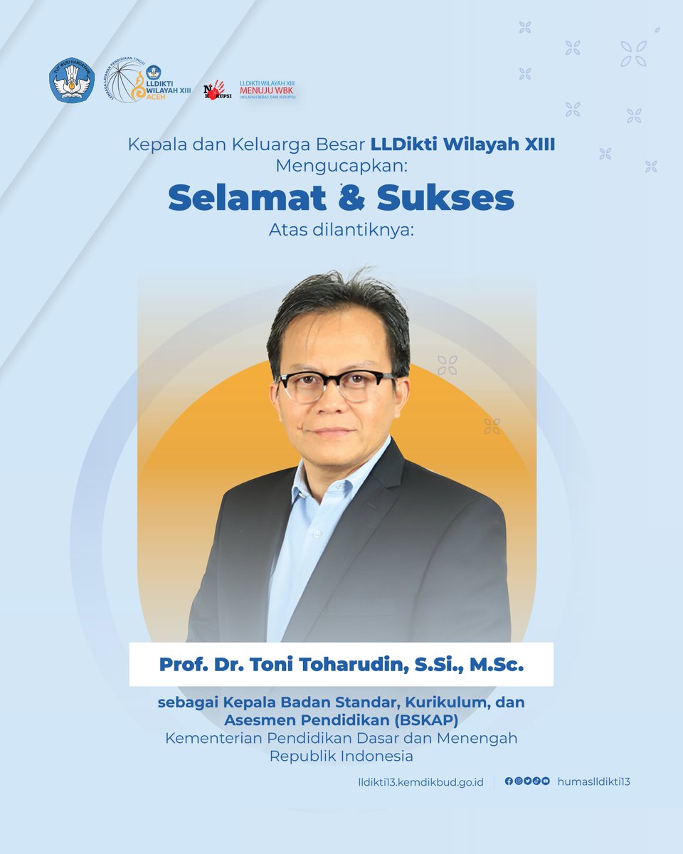 HumasLLDIKTI13's tweet photo. #rakanlldikti selamat dan sukses kepada Prof. Dr. Toni Toharudin, https://t.co/sUt7gUitrI., https://t.co/iUY9X5wVGa. atas dilantiknya sebagai Kepala Badan Standar, Kurikulum, dan Asasmen Pendidikan, Kementrian Pendidikan Dasar dan Menengah.
.
#lldikti13 https://t.co/1b2BnIk5Bd