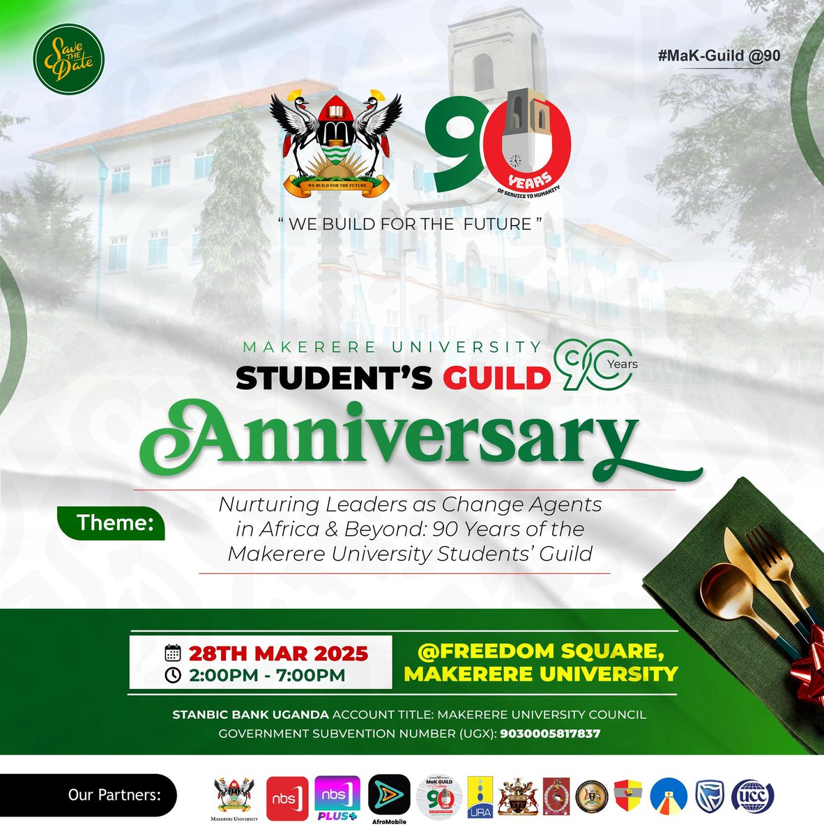 Be part as we Jubilate the 90yrs of service of the Student Guild <a href="/Makerere/">Makerere University</a> 
<a href="/mbio_za_mungu/">Mbio Za Mungu</a> the official Stylist of HE <a href="/lubega_nsamba/">Lubega Nsamba</a> has confirmed his presence.
Pamoja tunaweza.
#MakGuildAt90 
<a href="/Hillario33/">MUGISHA HILLARY</a> 
<a href="/EthanKaweesi/">Ethan Kaweesi</a> 
<a href="/MakGuild/">Makerere Students' Guild</a> 
<a href="/KKariisa/">Kin Kariisa🇺🇬</a> 
<a href="/the_serunjogi/">Serunjogi N Joy Eve</a> <a href="/roy_rugumayo/">Roy Rugumayo</a>