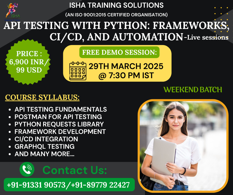 IshaKumargupta's tweet image. Isha Training Solutions presents "API Testing with Python" -Live Training.
Free Demo On:
29th March @7:30PM(IST)/29th March @10AM(EST)
you can register by joining the below Link
docs.google.com/forms/d/e/1FAI…
call/WhatsApp @+91-91331 90573
#APITesting #PythonTesting #RESTAPI #PyTest