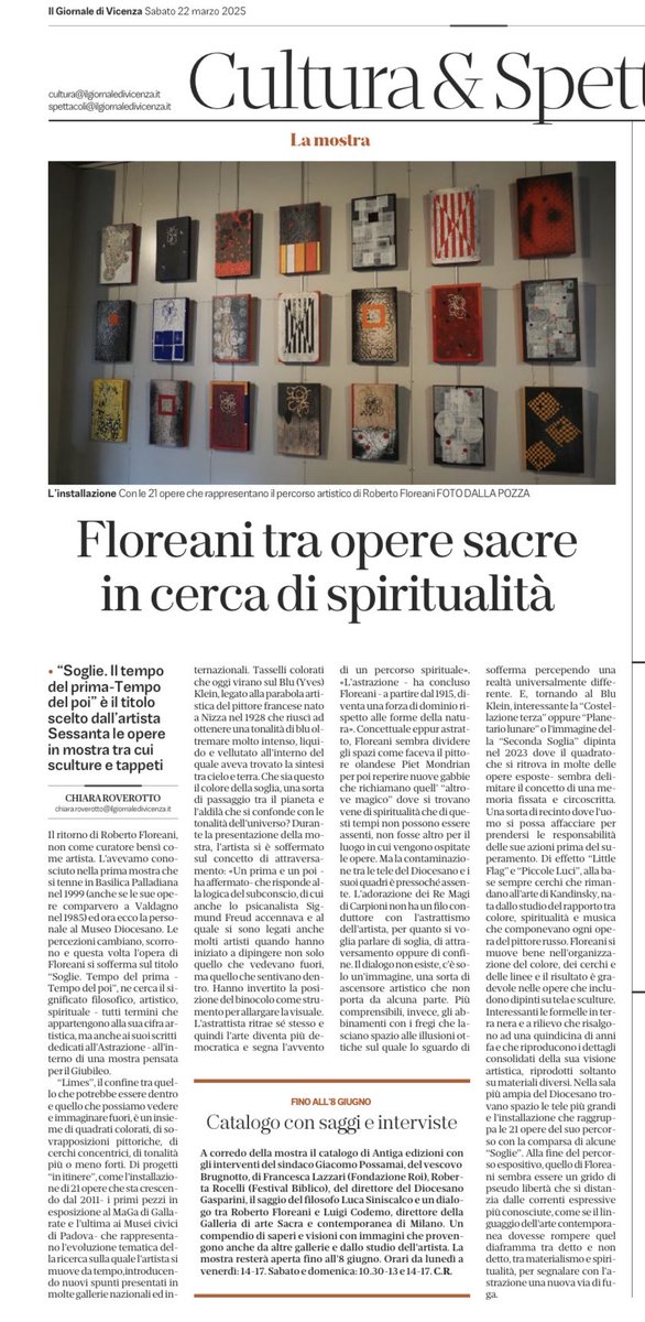 ⁦<a href="/GiornaleVicenza/">Il Giornale di Vicenza</a>⁩ La mostra di Roberto Floreani al museo Diocesano di Vicenza fino al prossimo 8 giugno . Sessanta opere “Soglie.Il tempo del prima-Tempo del poi” .