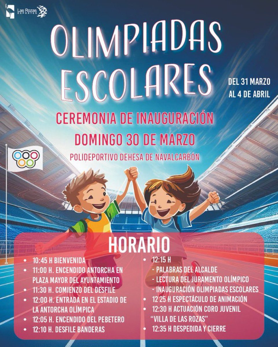 Este domingo participaremos en la ceremonia de inauguración y el lunes arranca, otro año más,  las #olimpiadasescolares ⚽️🎾🏊 #colegiosantamariadelasrozas <a href="/Ayto_Las_Rozas/">Ayuntamiento de Las Rozas</a>