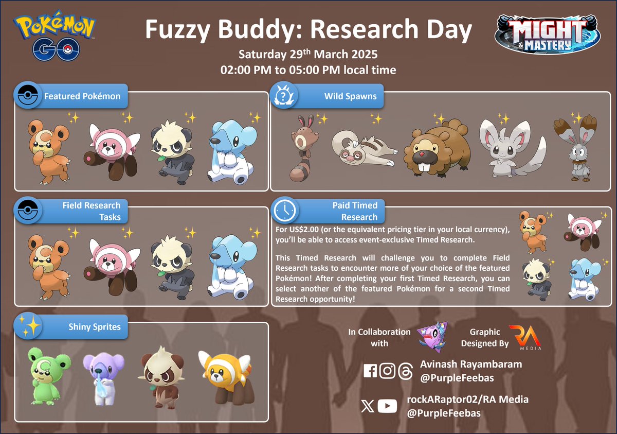 rayambaram's tweet photo. 🇮🇳
⭐ Research Day: Fuzzy Buddy
💫 Teddiursa, Cubchoo, Pancham and Stufful
🔥 Increased Shiny Chances
🗓️ Sat, 29th Mar 2025
🕙 02:00 pm to 05:00 pm local time
#PokemonGOApp #Pokemon #PokemonGO #FuzzyBuddy #ResearchDay #Teddiursa #Cubchoo #Stufful #Pancham @PurpleFeebas https://t.co/rGg6jklXLk