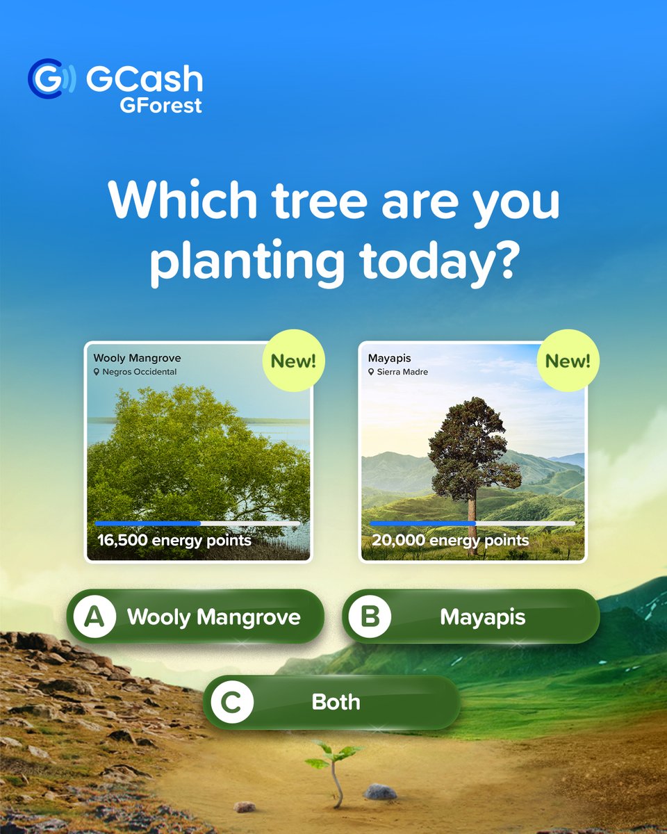 gcashofficial's tweet photo. Mangroves or Mayapis? Why not both? 🌱
Plant a tree on #GForest today! 🌳 #KayaMo #iGCashMo
G-Xchange Inc. (GXI) is regulated by the BSP (https://t.co/pJv9izz3Vj). Visit the GCash Help Center or call 2882 (Globe/TM) / (02) 7213-9999 (other networks; fees may apply) to know more. https://t.co/QIxuQWFQSg