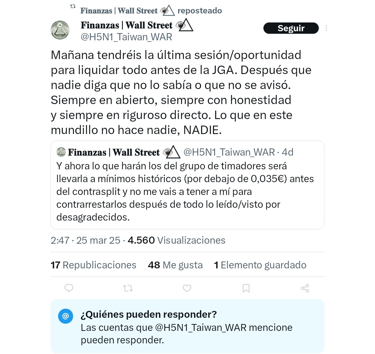 Triana_oo's tweet photo. @H5N1_Taiwan_WAR ahora tratando de volver a destruir a los pobres que hayan quedado atrapados, sacando noticias que él mismo conocía hace años y llamando al pánico. luego hablas del mal, el mal eres tú,  Finanzas. https://t.co/m4mBVk7Npg
