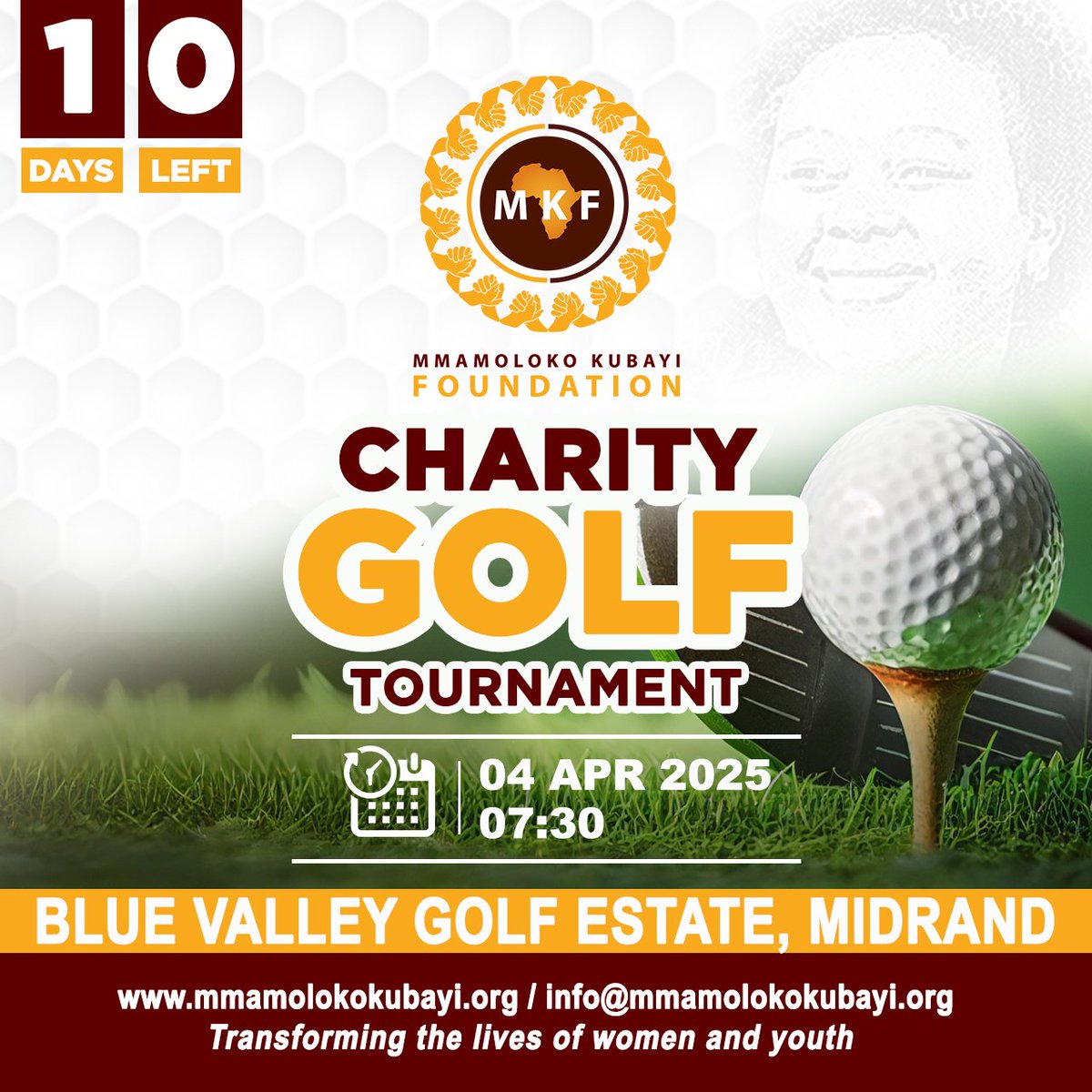 MKFoundation1_'s tweet photo. COUNTDOWN UPDATE!

Just 10 days left until the Mmamoloko Kubayi Foundation Charity Golf Tournament! Join us for an unforgettable day of golf and networking at the Blue Valley Golf Estate!

Don't miss out! #MKFCharityGolf #BlueValleyGolfEstate #GolfForGood https://t.co/SRzpUjqnns