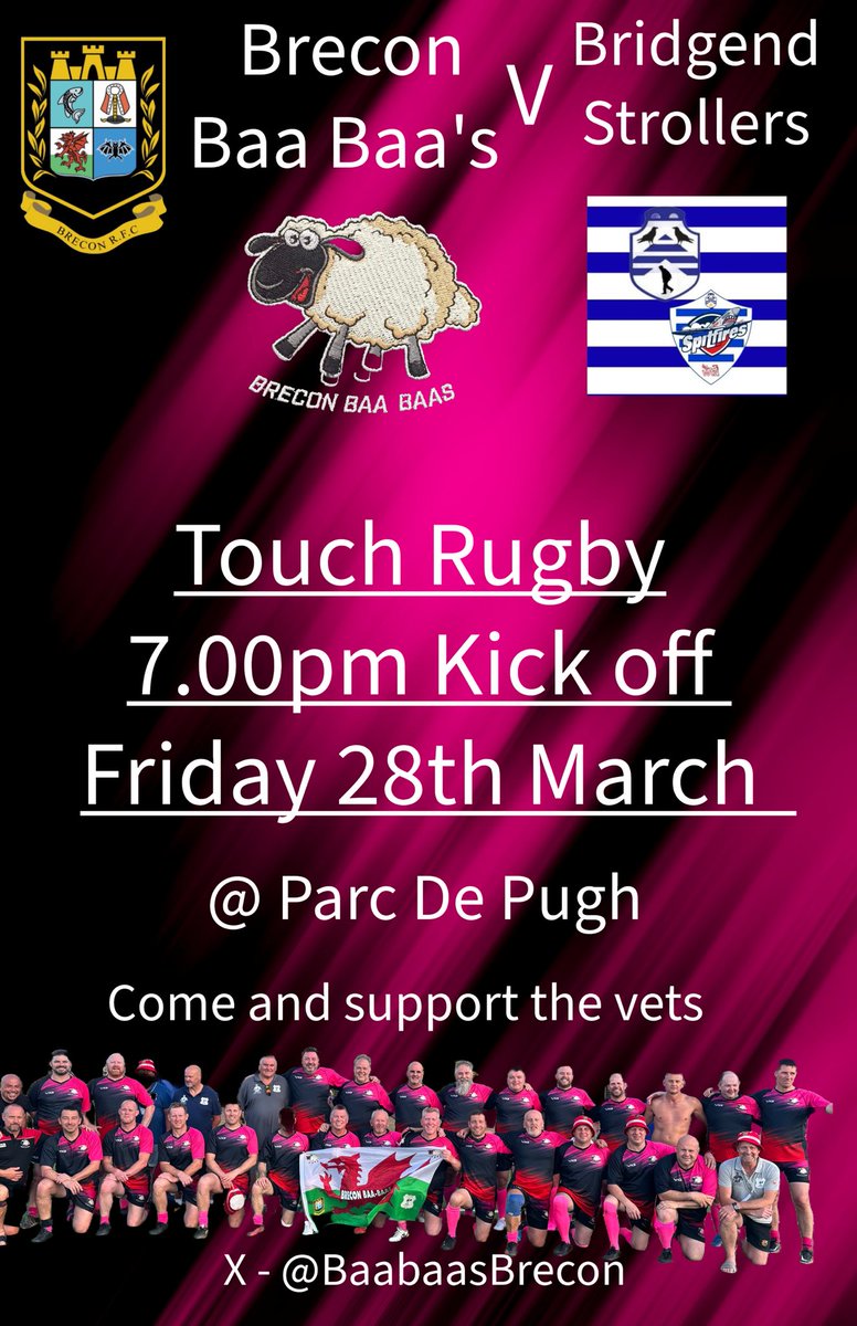 BreconBaaBaa’s (@baabaasbrecon) on Twitter photo The baa baa’s welcome <a href="/SportsStrollers/">Bridgend Sports RFC Spitfires & Strollers Touch 🏉</a> to Brecon this Friday night. Come along and support the boys. The baa baa’s welcome <a href="/SportsStrollers/">Bridgend Sports RFC Spitfires & Strollers Touch 🏉</a> to Brecon this Friday night. Come along and support the boys.