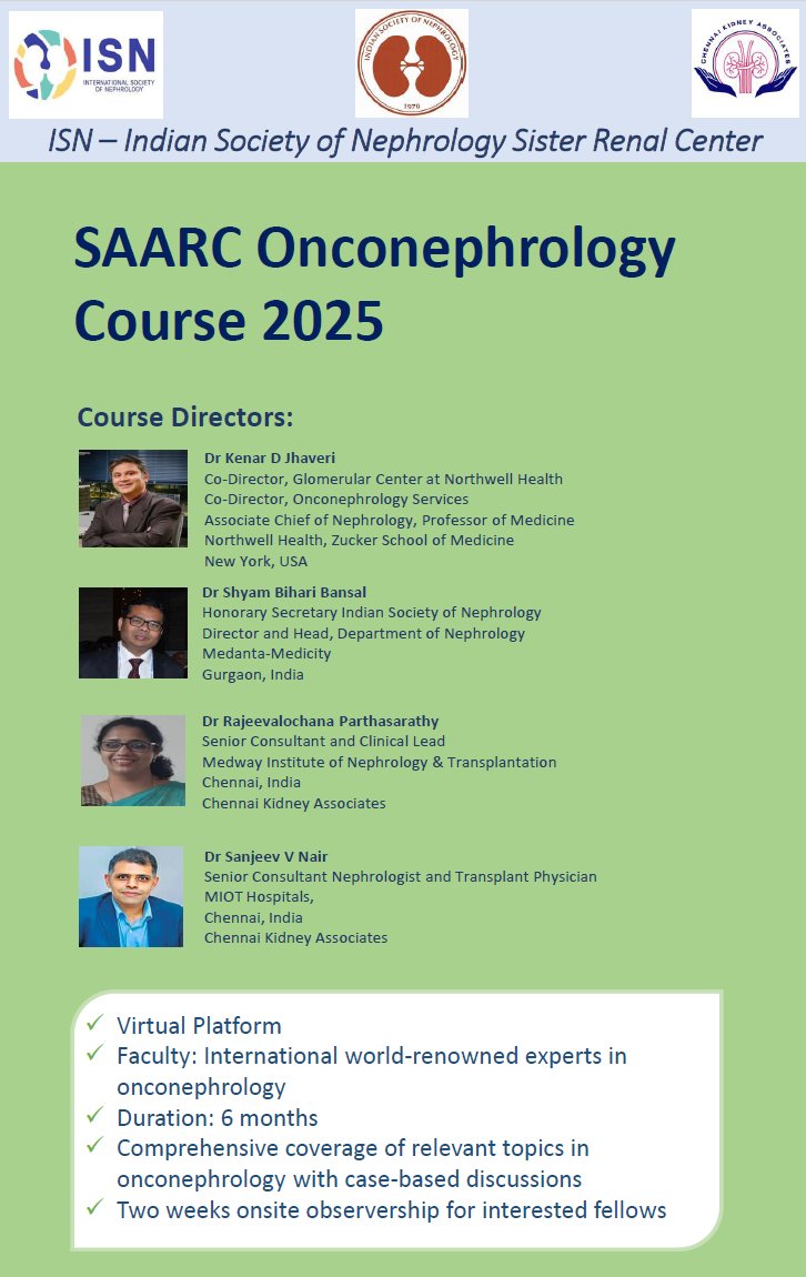 🌍 Exciting opportunity for nephrology trainees and early-career nephrologists! 
The SAARC Onconephrology Course 2025 is now open for applications!🌟
🩺 Organized by ISN - Indian Society of Nephrology Sister Renal Center.
📅 Duration: 6 months.
#Onconephrology #Nephtwitter #SAARC