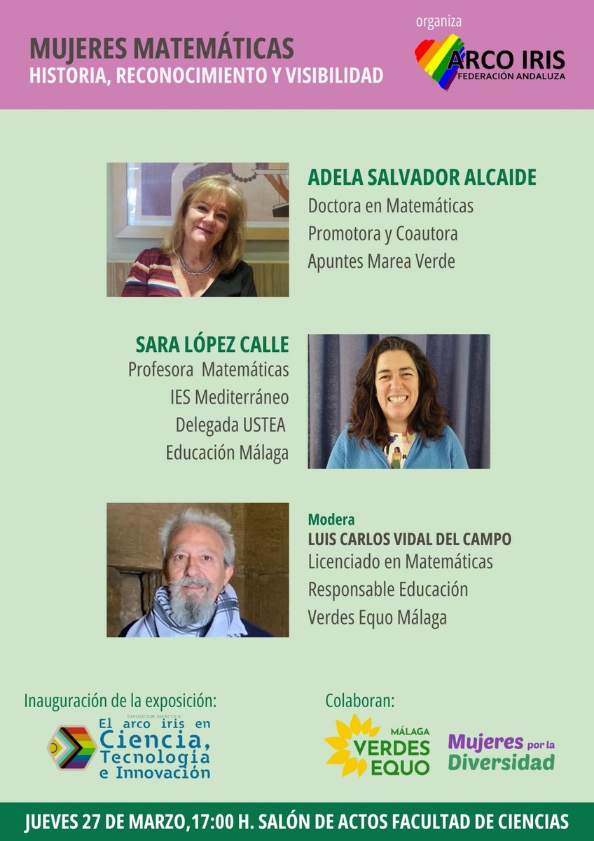 📢 Mujeres Matemáticas: Historia, Reconocimiento y Visibilidad 
🗓️ Jueves 27 de marzo
🕙 17:00
📍 Salón de actos, Facultad de Ciencias