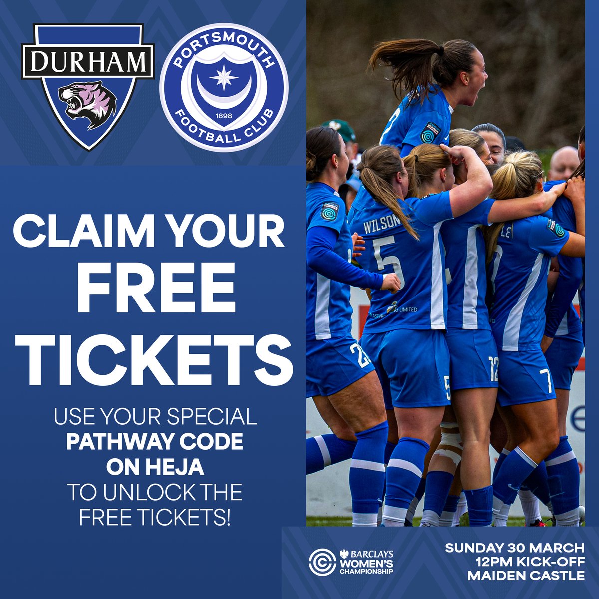 We can't wait to see all our Pathway players at the first-team game against Blackburn on Sunday! 💙   

Don't forget to check Heja for details of how to book your tickets! 👉 tinyurl.com/DurhamvPortsmo…