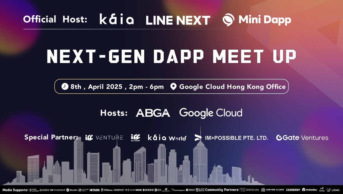 ✨ Next-Gen dApp Meetup at #Web3Festival Hong Kong ✨

🔗 Register Now: lu.ma/9ik2uk27
The future of dApps is here! 🚀

📅 Date: April 8, 2025 | 2:00 PM - 6:00 PM (UTC+8)
📍 Venue: Google Hong Kong Office

⚡️ Powered by <a href="/KaiaChain/">Kaia</a> &amp; <a href="/dapp_portal/">Dapp Portal</a>
💎 Hosted by ABGA &amp;