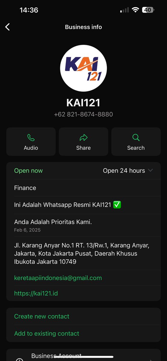 CFirmantoko's tweet photo. Karena ngerasa ada yg janggal, baru deh buka detail akun WA nya. Ternyata kek gini. Nyantumin email kok ya gmail. Fix! Abal ini mah. Untung gak berlanjut. Tapi jadi juengkel aja karena tadi berharap itu tadi @KAI121 beneran https://t.co/aaMvk3IqCe