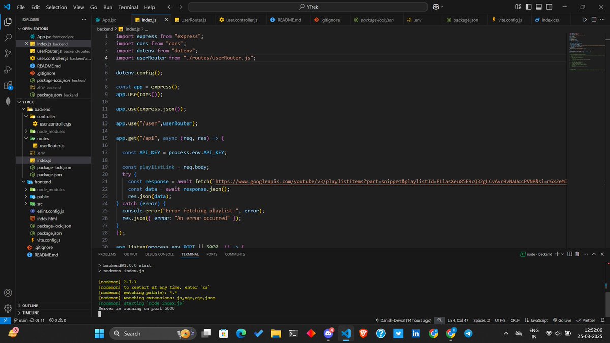 Danish_Devx3's tweet image. 🚀 Just wired up the backend for Ytrek — fetches YouTube playlist content via the API!
Track your course progress like a pro.
Stay on course with Ytrek 🎯📺
#BuildInPublic #Ytrek #YouTubeAPI #NodeJS #IndieDev #100xdevs