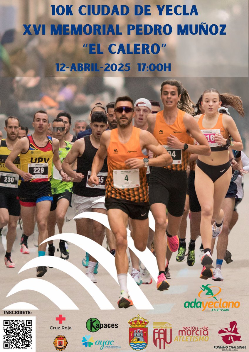 El 12 abril llega la XVI Carrera Popular de #Yecla Memorial "El Calero", organizada por <a href="/ADAYeclano/">ADAYeclano atletismo</a>. 🏃🏻

17:00 h: Marcha Solidaria por Kapaces y <a href="/AYACYecla/">AYAC</a>
17:30 h: Carreras 10K y 5K, de Sub18 a Máster 70
19:00 h: Carreras de Sub8 a Sub16

📝 Inscríbete: alcanzatumeta.es/inscripcionp1.…