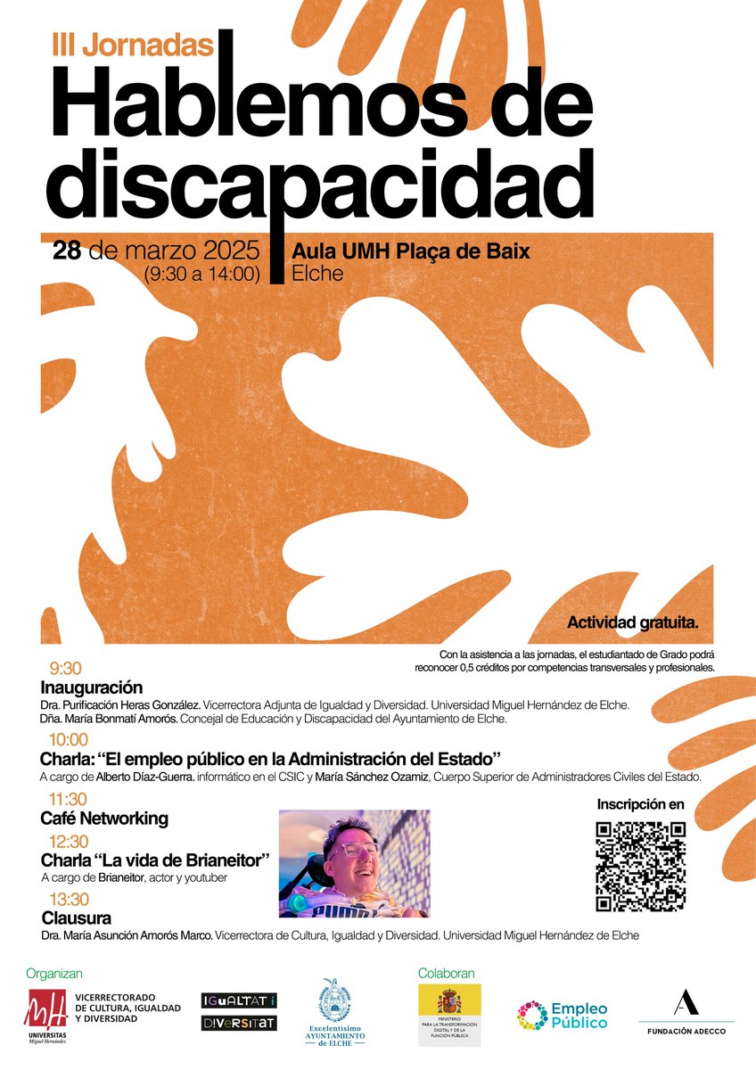 mpiUMH's tweet image. El próximo viernes 28 de marzo tendrán lugar las III Jornadas «Hablemos de Discapacidad», un evento organizado por la Unidad de Apoyo a la Discapacidad de la #UMH en colaboración con el Ayuntamiento de Elche. tinyurl.com/432bk9bs