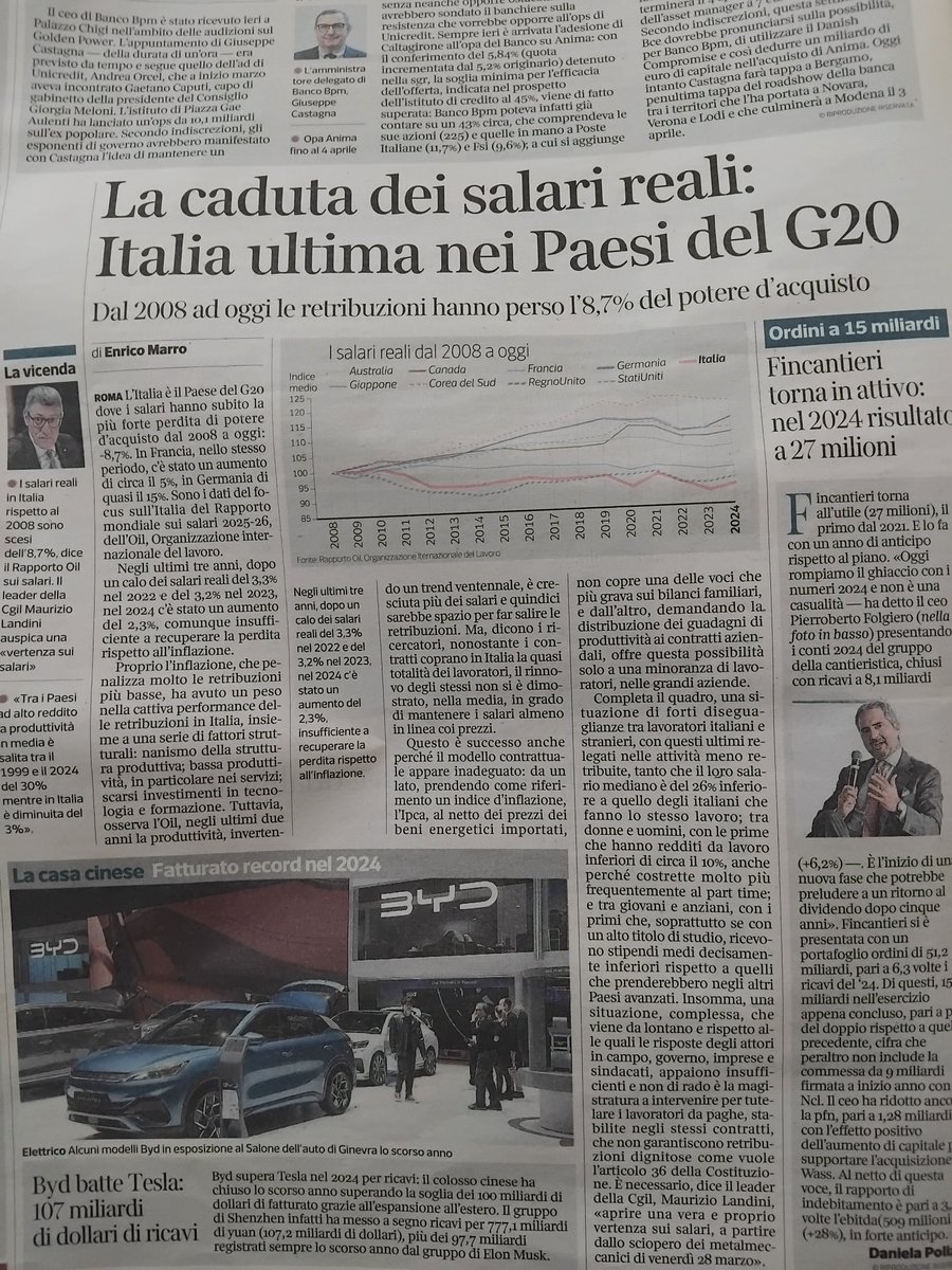Italia ultima del G20 nei salari reali:-8,7% potere acquisto in 20 anni. Inflazione, nanismo imprese, bassa produttività (in primis servizi), poca formazione e investimenti in tech, le cause. RAPPORTO OIL SALARI 25-26