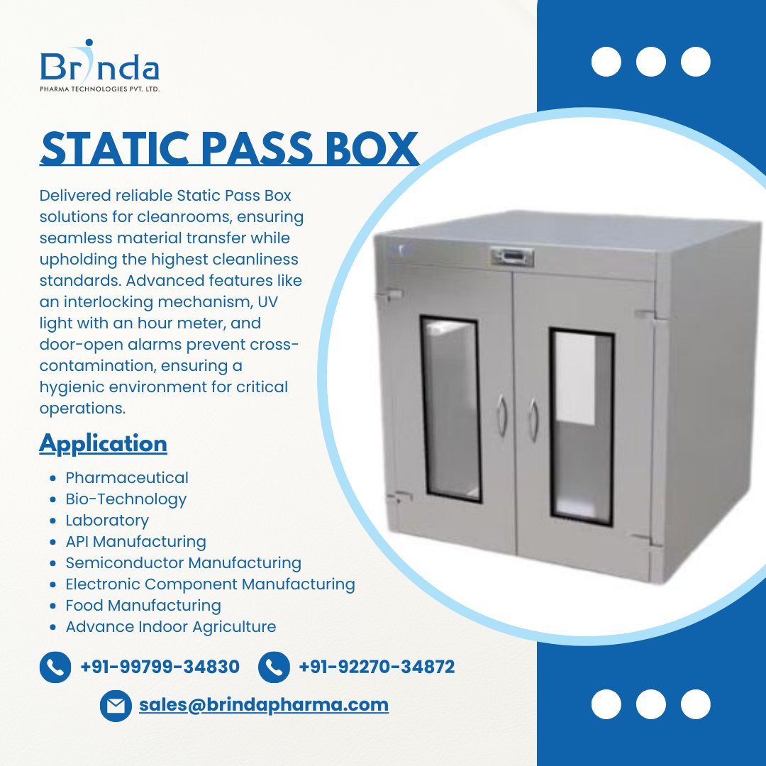BrindaPharma's tweet image. Brinda Pharma Technologies has been delivering reliable #StaticPassBox solutions. Ensuring seamless material transfer &amp;amp; #contamination control with features like interlocking mechanism, UV light, &amp;amp; door open alarms for a hygienic #cleanroom environment. brindapharma.com/portfolio/SPB-…