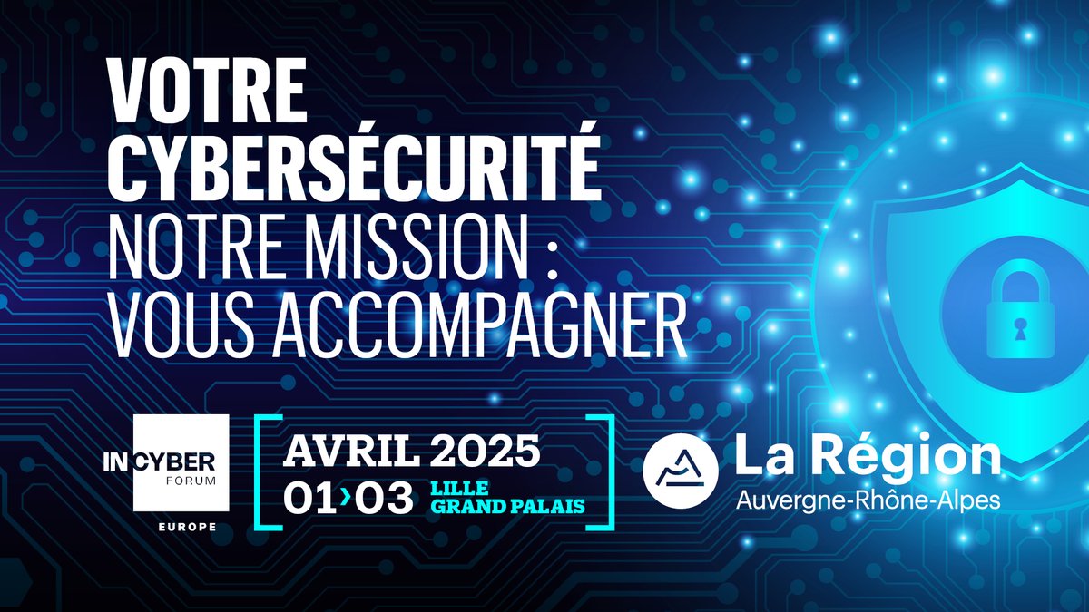 Auvergne-Rhône-Alpes (@auvergnerhalpes) on Twitter photo 📢 La Région sera au Forum InCyber à #Lille aux côtés de ses partenaires et de 10 entreprises régionales pour présenter les innovations en matière de #cybersécurité.
📅 Du 1er au 3 avril 2025
📍 Stand F41 à <a href="/LilleGrandPalai/">Lille Grand Palais</a>
👉auvergnerhonealpes.fr/actualites/la-…
#FIC 📢 La Région sera au Forum InCyber à #Lille aux côtés de ses partenaires et de 10 entreprises régionales pour présenter les innovations en matière de #cybersécurité.
📅 Du 1er au 3 avril 2025
📍 Stand F41 à <a href="/LilleGrandPalai/">Lille Grand Palais</a>
👉auvergnerhonealpes.fr/actualites/la-…
#FIC