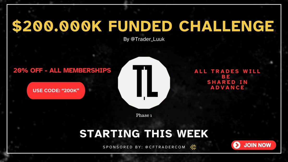Now is the time to join! 🫰

This week, we’re starting a new $200K LIVE challenge. All trades will be shared live in advance 📈

On top of that, we’re offering a 20% discount on ALL memberships!

Join now 👉 whop.com/tdltrading/

Use code '200k' for 20% discount!