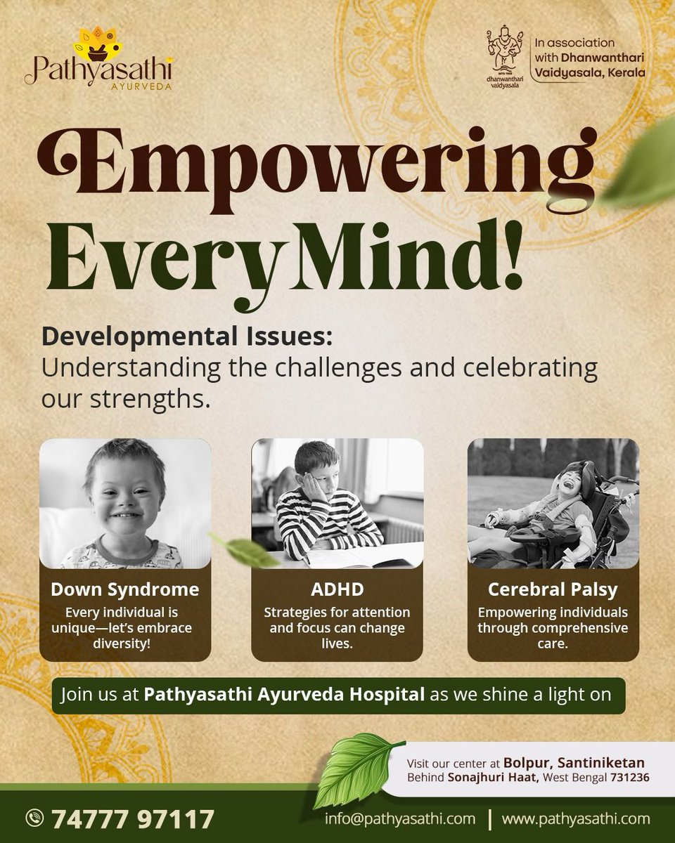 PathyaSathi's tweet photo. Join us at Pathyasathi Ayurveda Hospital to raise awareness on developmental issues like Down Syndrome, ADHD, and Cerebral Palsy. 📷
For appointments, visit us: https://t.co/gZo6EZ12zl or call us at 074777 97117
#EmpowerEveryMind #PathyasathiAyurveda #DevelopmentalAwareness https://t.co/IewaQjI0Ij
