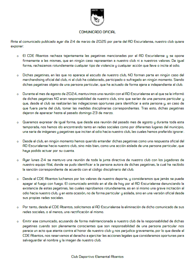 🚨COMUNICADO OFICIAL🚨
La junta directiva de nuestro club, ante el comunicado emitido en el día de ayer por el AD Escurialense, quiere emitir la siguiente nota:

<a href="/RFFM_oficial/">RFFM</a>
<a href="/RFFM_FutbolSala/">Comité de Fútbol Sala - RFFM</a>
<a href="/aytosanlorenzo/">Ayto. San Lorenzo</a>
<a href="/ADSierraES/">ADSierra</a>