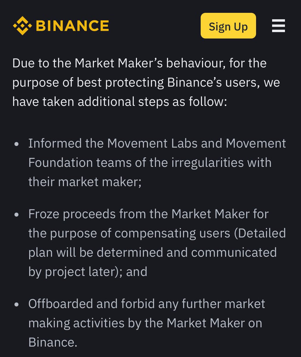 NEW: BINANCE OFFBOARDED AND FORBID ANY FURTHER MARKET MAKING ACTIVITIES BY A MARKET MAKER OF THE PROJECT MOVEMENT (MOVE) ON BINANCE